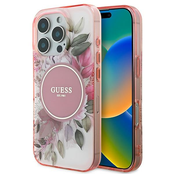 Guess iPhone 16 6.1 pink hardcase IML Flower & Tonal Circle MagSafe