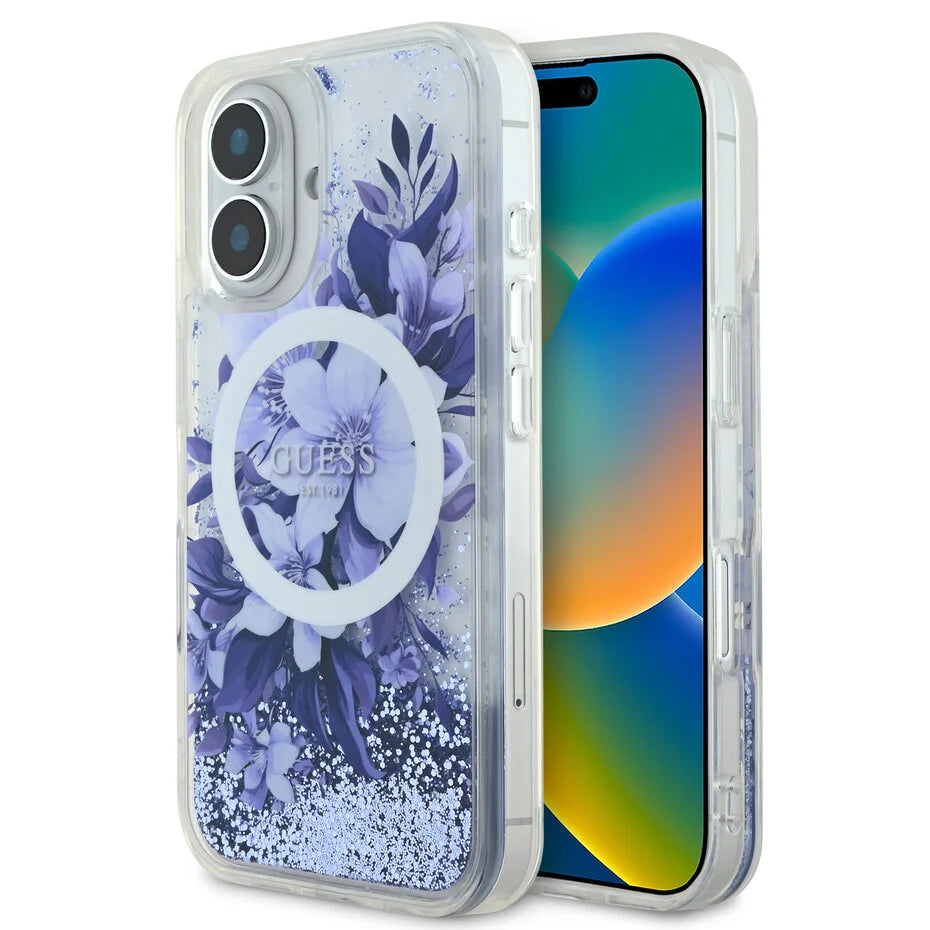 Guess iPhone 16 6.3 pink hardcase Hülle Liquid Glitter Flower MagSafe