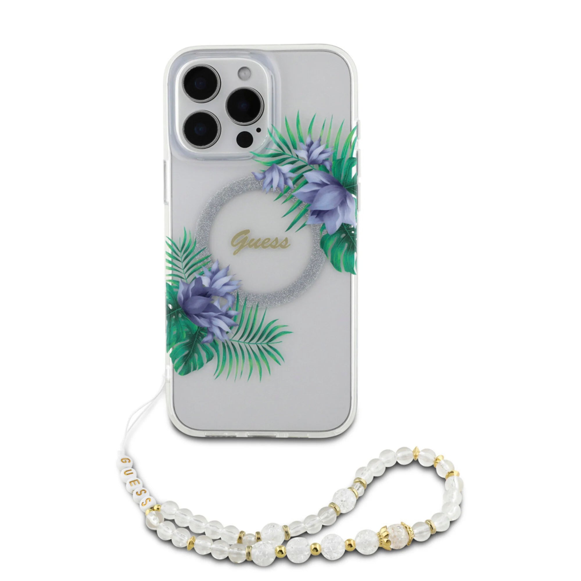 Guess iPhone 16 Pro Max Handyhülle - Magsafe IML - Flower Wreath Design & Pearl Strap - Transparent
