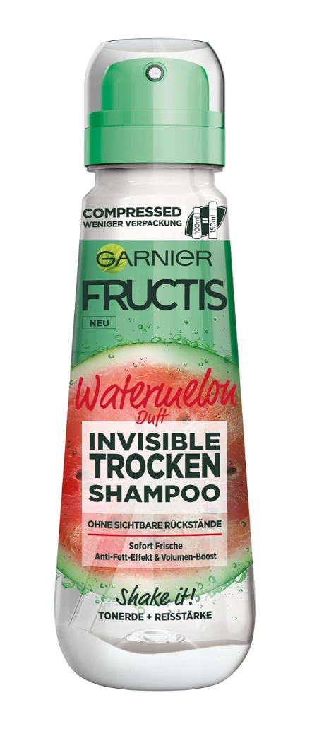 Garnier Trockenshampoo, Invisible, gegen platte, fettige Haare mit Volumen-Boost, frischer Wassermelonenduft, Watermelon, Fructis, 100 ml