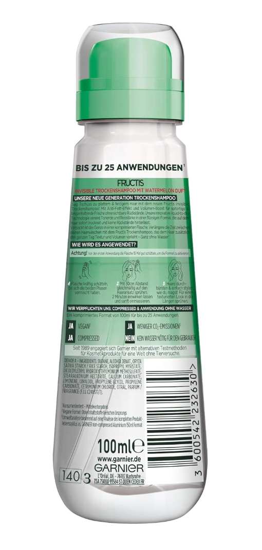 Garnier Trockenshampoo, Invisible, gegen platte, fettige Haare mit Volumen-Boost, frischer Wassermelonenduft, Watermelon, Fructis, 100 ml