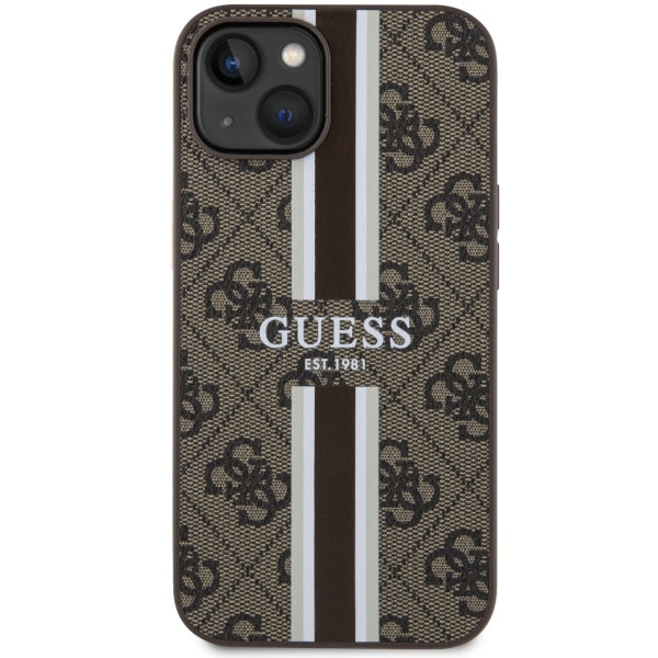 Guess iPhone 14 / 15 / 13 brown Hülle 4G Printed Stripes MagSafe