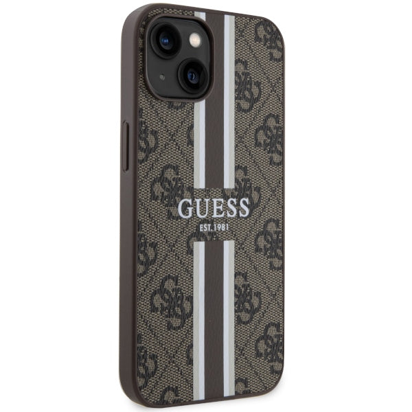 Guess iPhone 14 / 15 / 13 brown Hülle 4G Printed Stripes MagSafe
