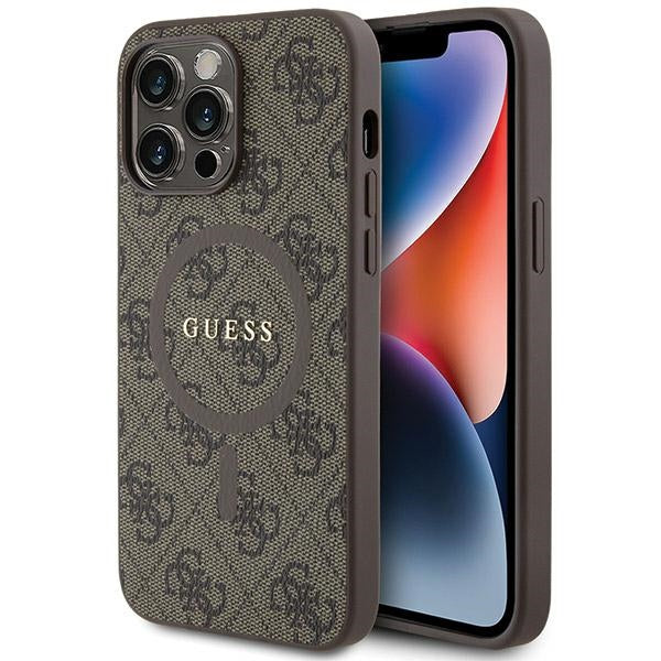 Guess iPhone 15 Pro Max 6.7 braun/pink hardcase 4G Collection Leather Metal Logo MagSafe