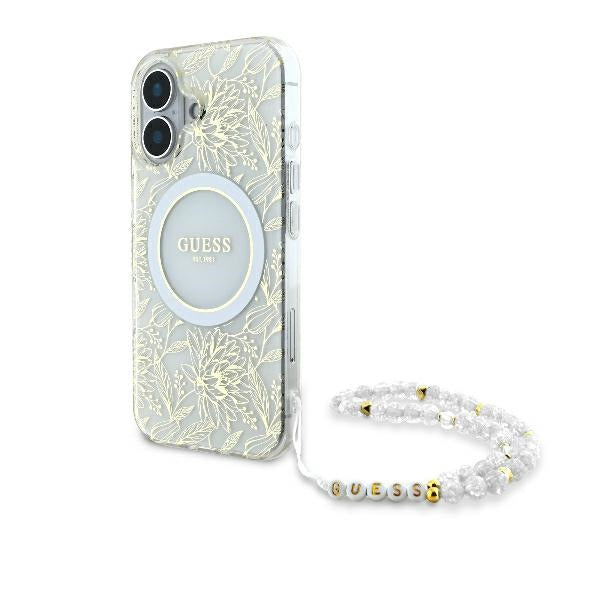 Guess Iphone 16 Puls IML Flowers Allover Electro With Pearl Strap MagSafe