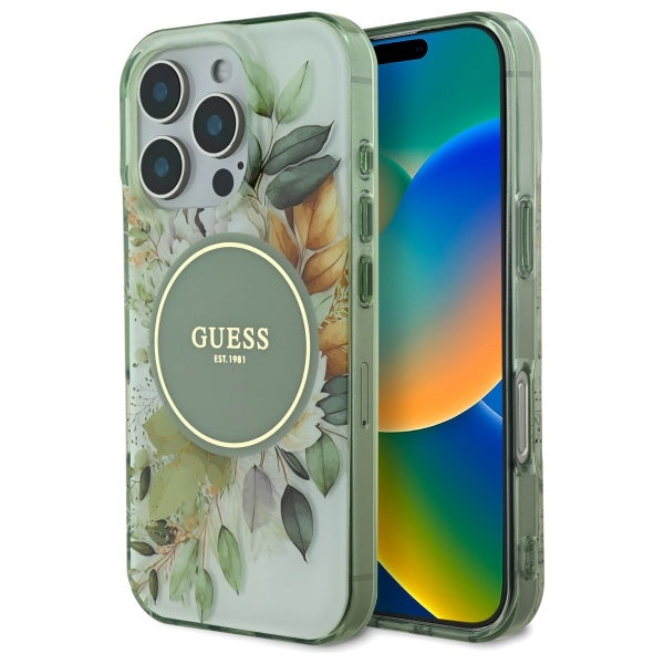Guess iPhone 16 Pro6.3 green hardcase IML Flower & Tonal Circle MagSafe