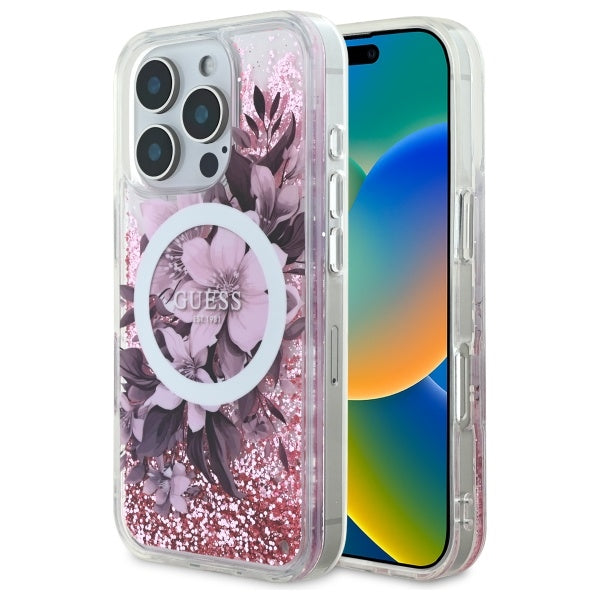 Guess iPhone 16 Pro 6.3 pink hardcase Liquid Glitter Flower MagSafe