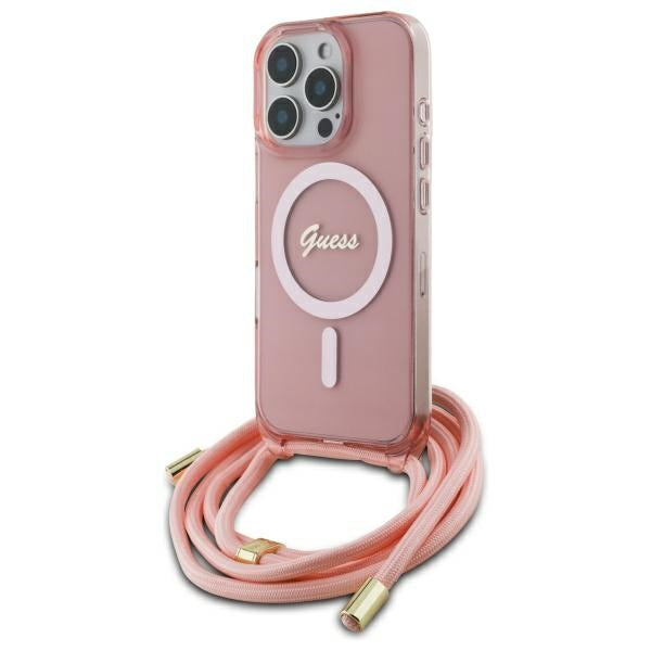 Guess iPhone 16 Pro 6.3 pink hardcase Crossbody Cord Script MagSafe