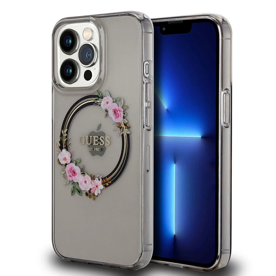 Guess iPhone 13 Pro Back-Cover hul - Magsafe IML flowers - Schwarz