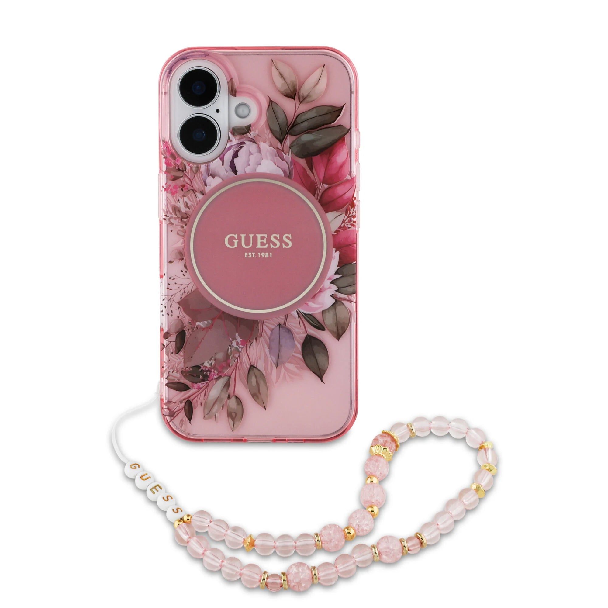 Guess iPhone  16   - Magsafe Glitter with pearls strap Rosa