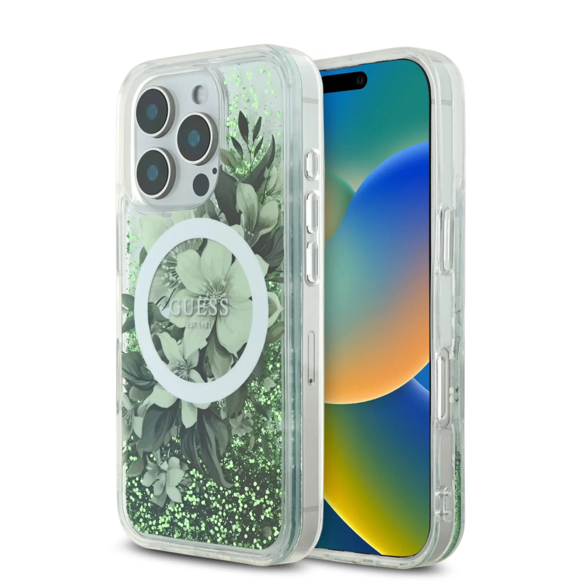 Guess iPhone 16 Pro 6.3 pink hardcase Liquid Glitter Flower MagSafe