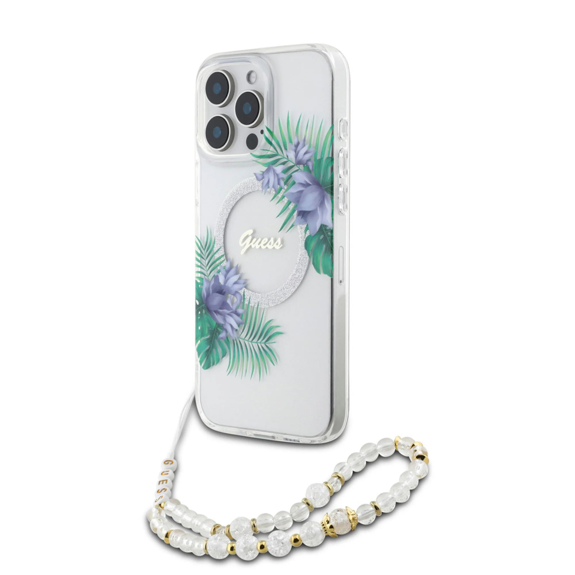 Guess iPhone 16 Pro Max Handyhülle - Magsafe IML - Flower Wreath Design & Pearl Strap - Transparent
